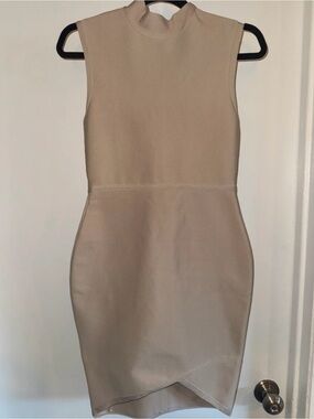Emprada Sleeveless Mock Neck Midi Dress in Beige